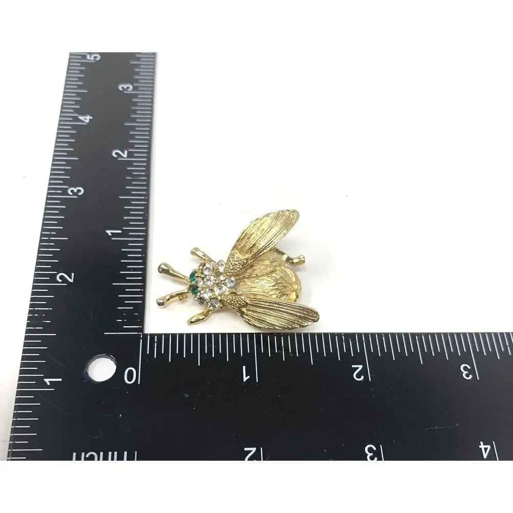 Vintage 1980's Flying Insect Crystal Eye Trembler Metal Brooch Pin Nature Lover